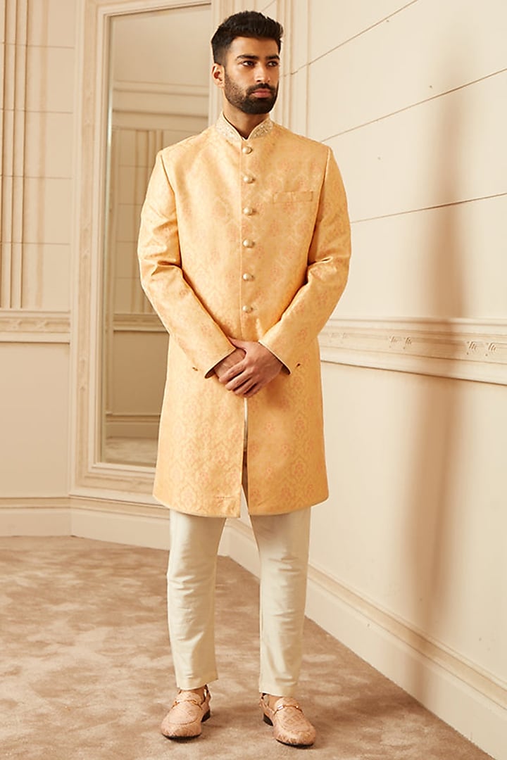 Peach Brocade Achkan Jacket Set by TASVA