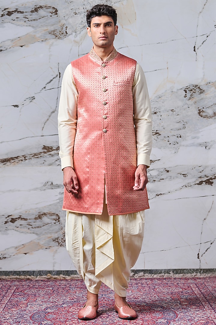 Pink Jacquard Embroidered Achkan Jacket Set by TASVA at Pernia's Pop Up Shop