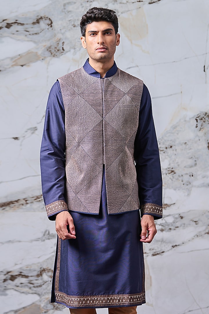 Navy Blue Viscose Blend Dori Embellished Bundi Jacket by TASVA