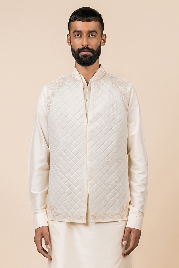 Ivory Viscose Blend Bundi Jacket by TASVA