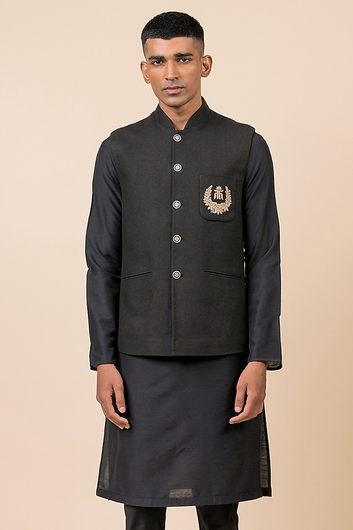 Black Cotton Blend Thread Embroidered Bundi Jacket by TASVA