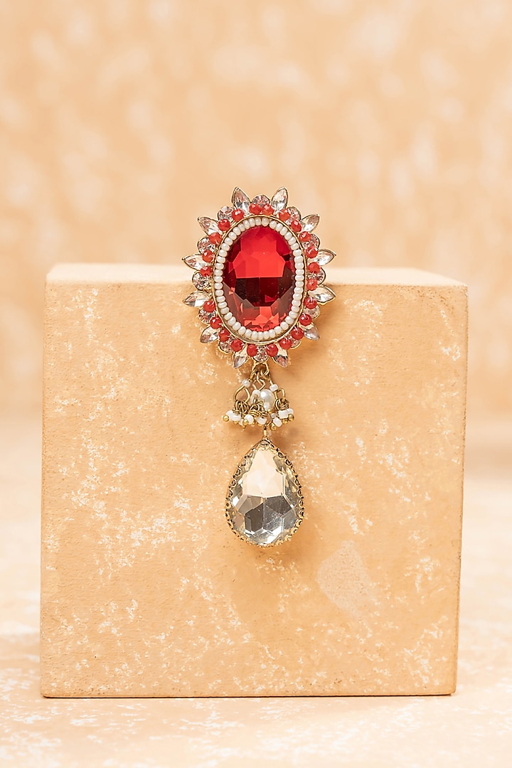Red Gemstone & Crystal Brooch by TASVA