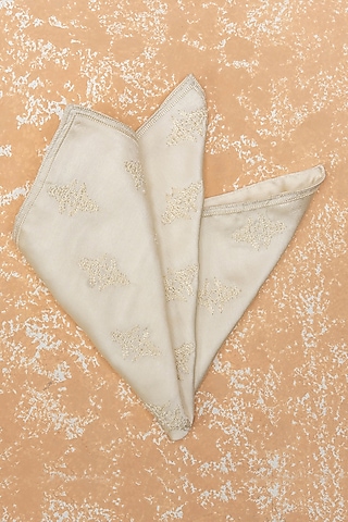 Cream Satin Boota Embroidered Pocket Square by TASVA