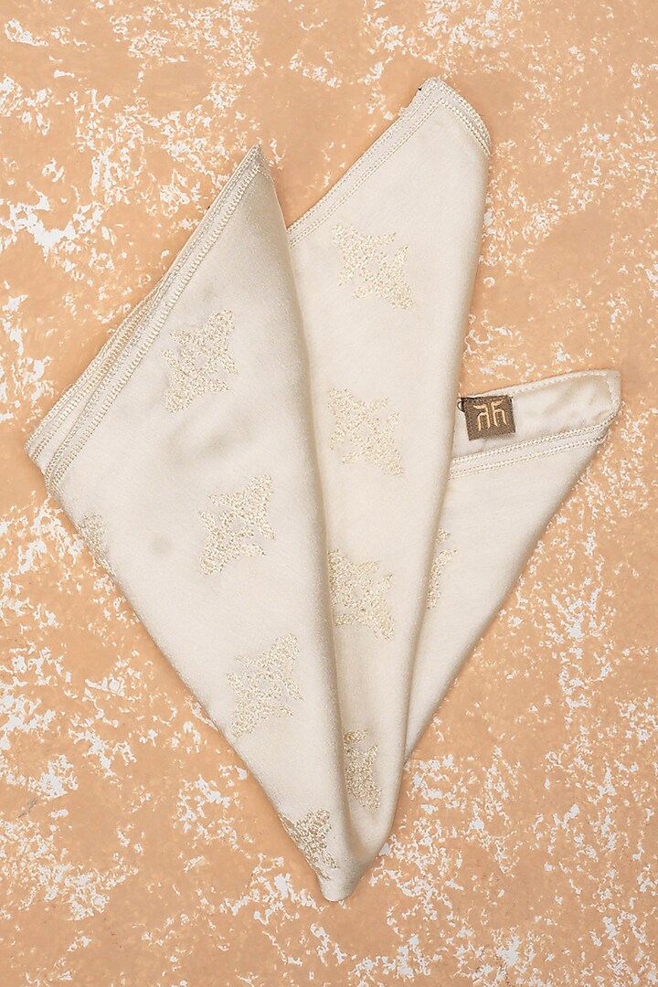 Cream Satin Boota Embroidered Pocket Square by TASVA at Pernia's Pop Up Shop