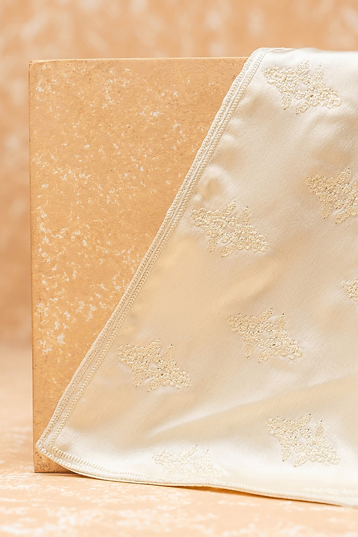 Cream Satin Boota Embroidered Pocket Square by TASVA at Pernia's Pop Up Shop