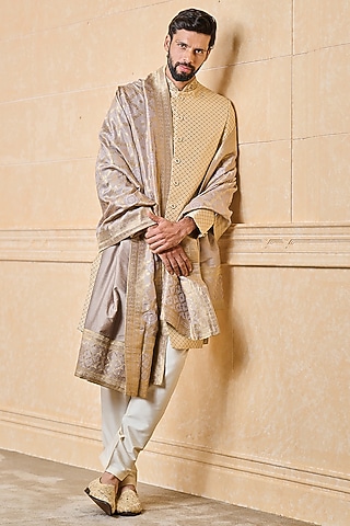 Medium Grey Zari Jacquard Woven Stole by TASVA