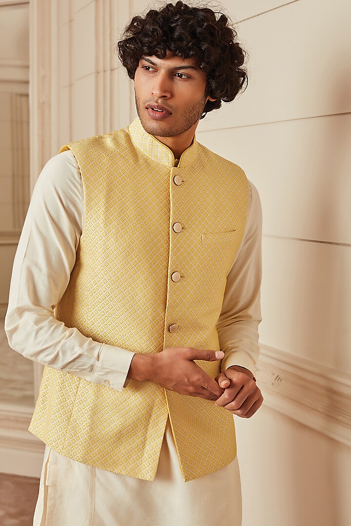 Yellow Jacquard Bundi Jacket by TASVA