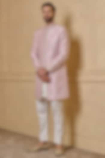 Pink Raw Silk Embroidered Achkan Jacket Set by TASVA at Pernia's Pop Up Shop