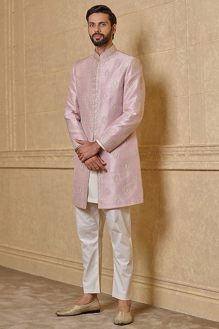 Pink Raw Silk Embroidered Achkan Jacket Set by TASVA at Pernia's Pop Up Shop