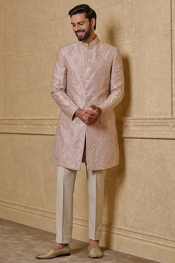 Pink Silk Resham Embroidered Achkan Jacket Set by TASVA at Pernia's Pop Up Shop