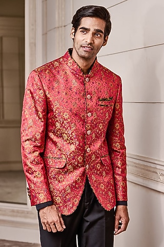 Red Jacquard Floral Printed Bandhgala Set by TASVA