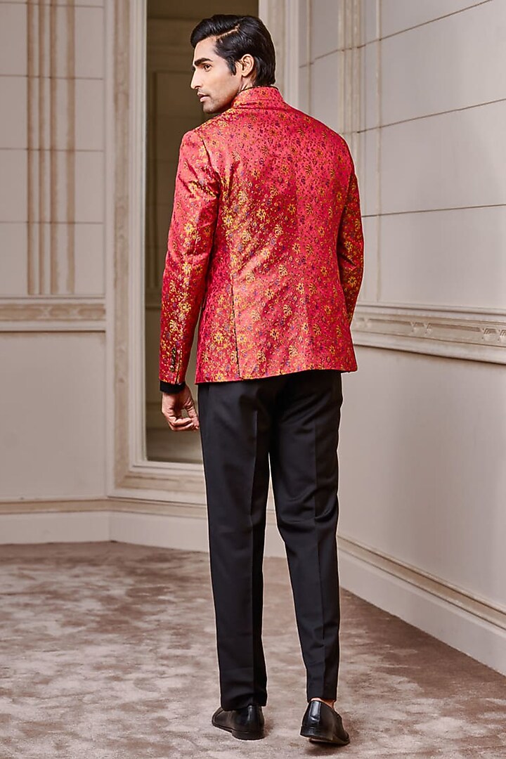 Red Jacquard Floral Printed Bandhgala Set by TASVA at Pernia's Pop Up Shop
