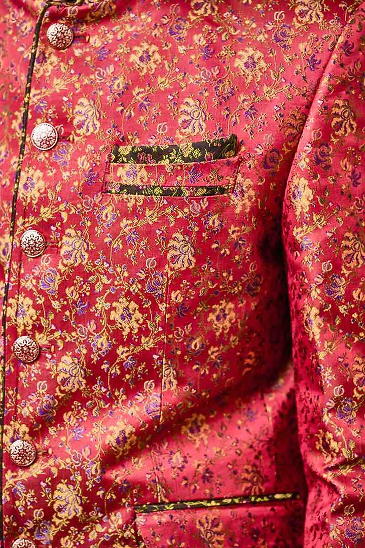 Red Jacquard Floral Printed Bandhgala Set by TASVA at Pernia's Pop Up Shop