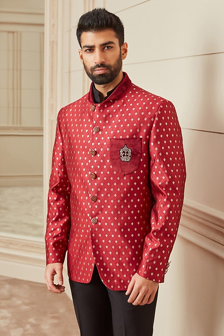 Red Brocade Zardosi Embroidered Bandhgala Set by TASVA at Pernia's Pop Up Shop