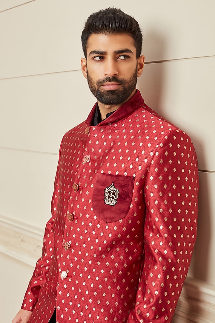 Red Brocade Zardosi Embroidered Bandhgala Set by TASVA at Pernia's Pop Up Shop