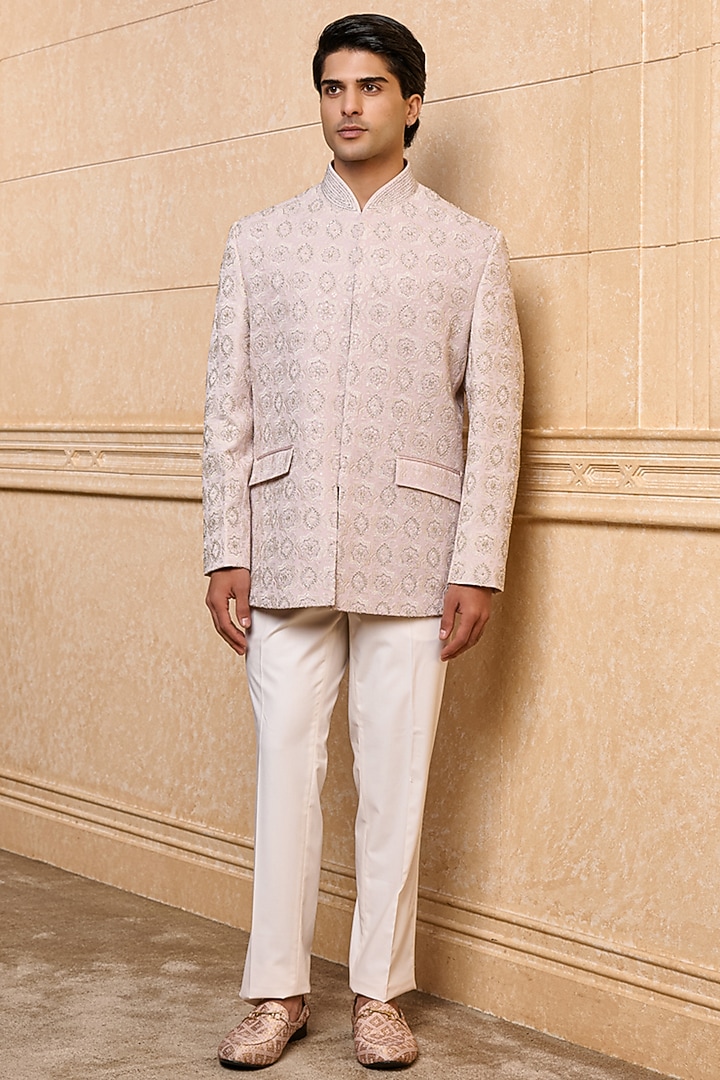 Lilac Viscose Embroidered Wedding Bandhgala Set by TASVA at Pernia's Pop Up Shop