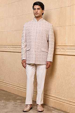 Lilac Viscose Embroidered Bandhgala Set by TASVA