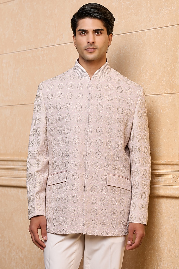 Lilac Viscose Embroidered Wedding Bandhgala Set by TASVA at Pernia's Pop Up Shop