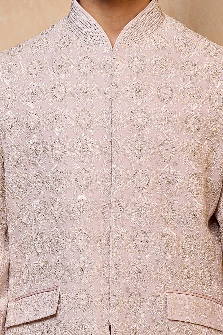 Lilac Viscose Embroidered Wedding Bandhgala Set by TASVA at Pernia's Pop Up Shop