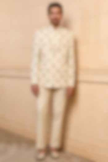 Beige Viscose Embroidered Wedding Bandhgala Set by TASVA at Pernia's Pop Up Shop