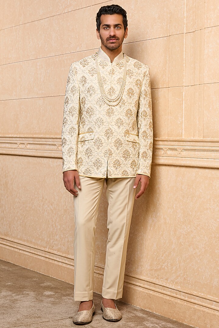 Beige Viscose Embroidered Wedding Bandhgala Set by TASVA at Pernia's Pop Up Shop