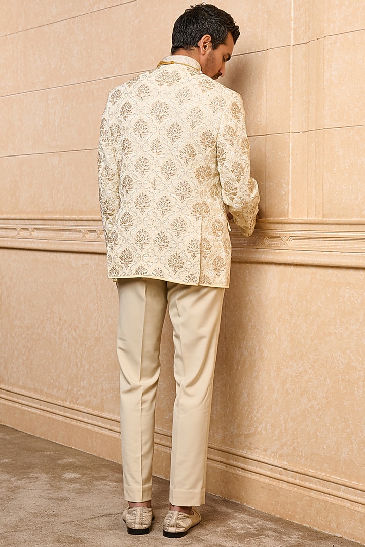 Beige Viscose Embroidered Wedding Bandhgala Set by TASVA at Pernia's Pop Up Shop