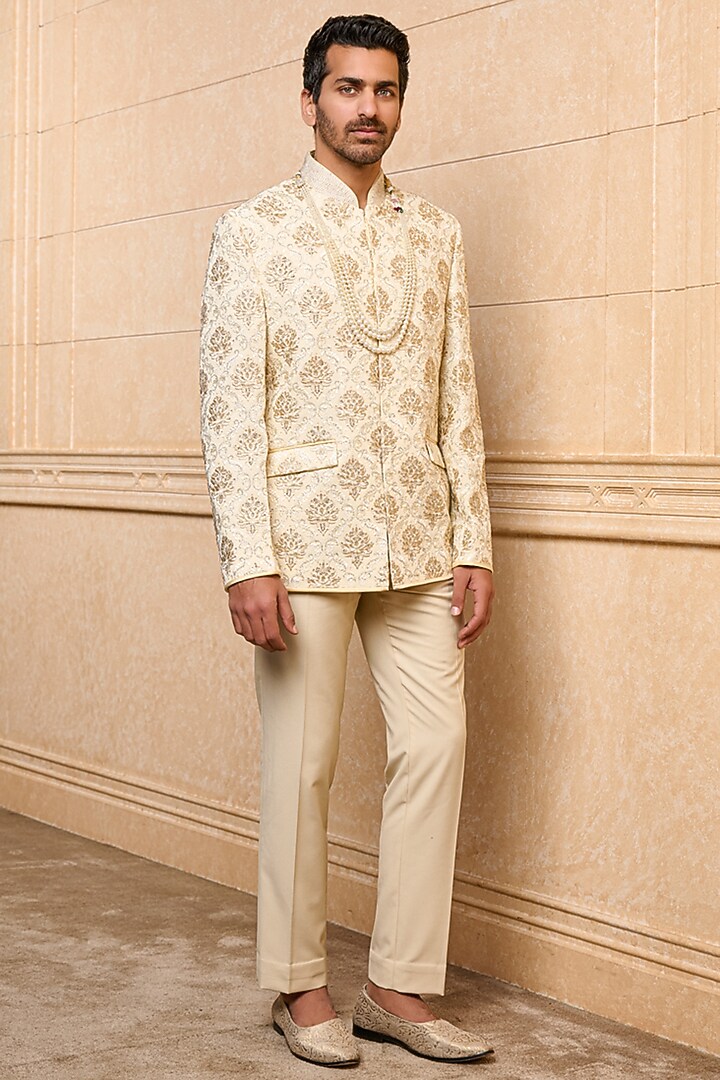 Beige Viscose Embroidered Wedding Bandhgala Set by TASVA at Pernia's Pop Up Shop