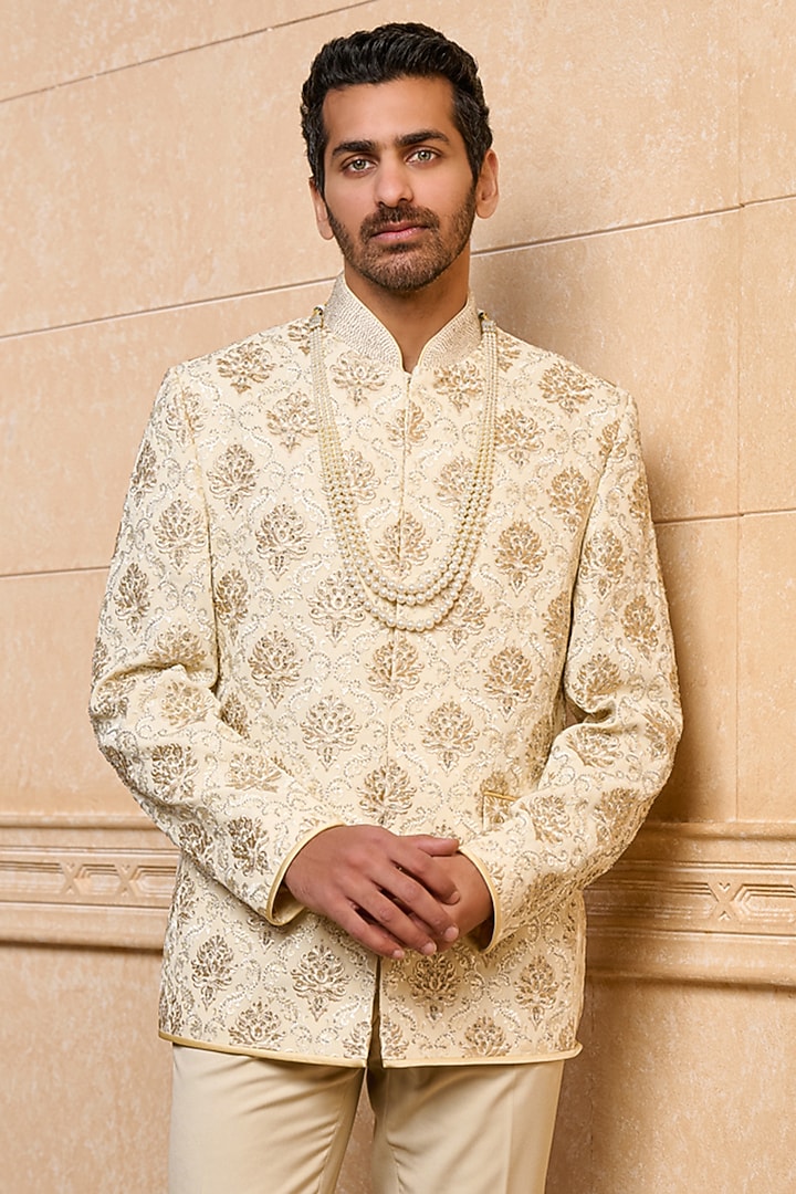 Beige Viscose Embroidered Wedding Bandhgala Set by TASVA at Pernia's Pop Up Shop