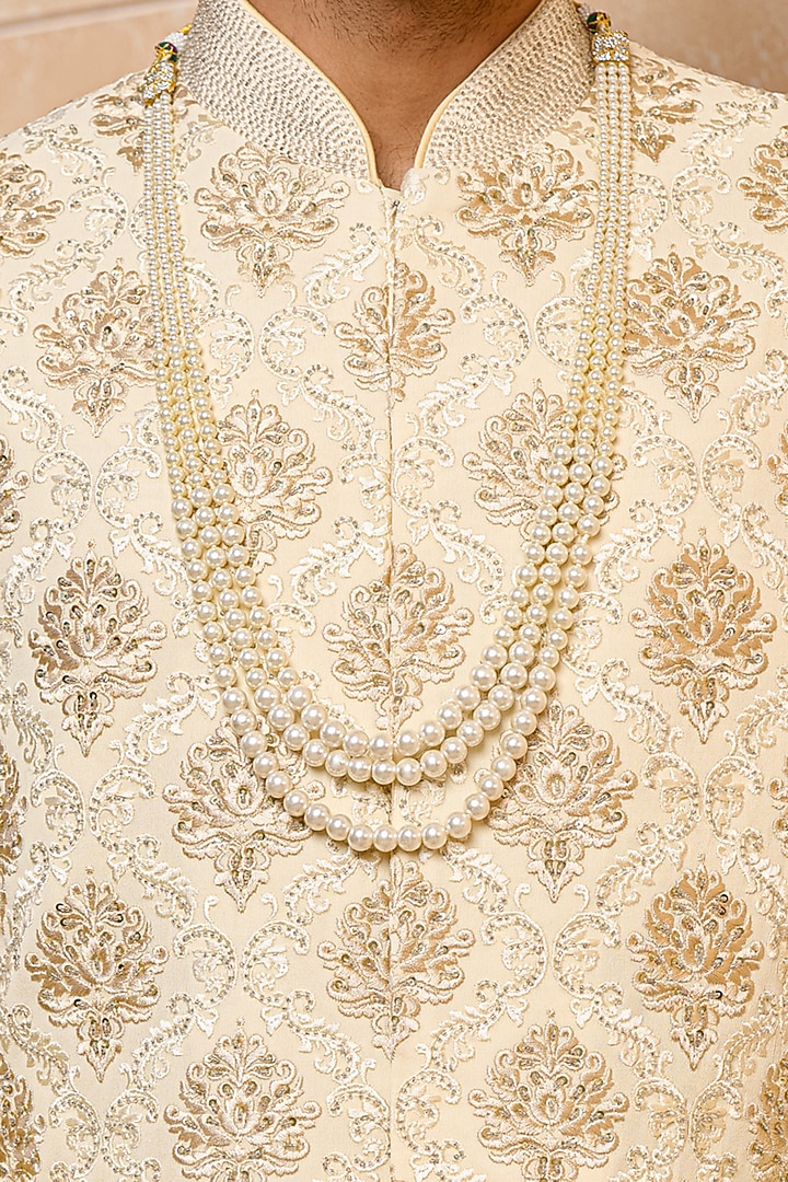 Beige Viscose Embroidered Wedding Bandhgala Set by TASVA at Pernia's Pop Up Shop