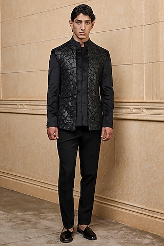 Black Crepe Bandhgala Set by TASVA