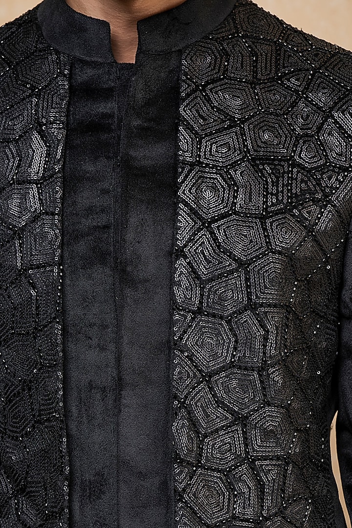 Black Crepe Wedding Bandhgala Set by TASVA at Pernia's Pop Up Shop