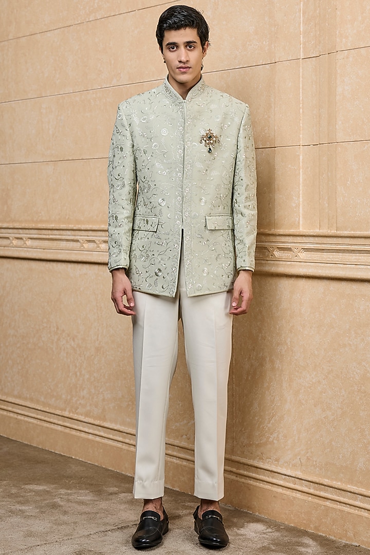 Light Green Georgette Embroidered Wedding Bandhgala Set by TASVA at Pernia's Pop Up Shop