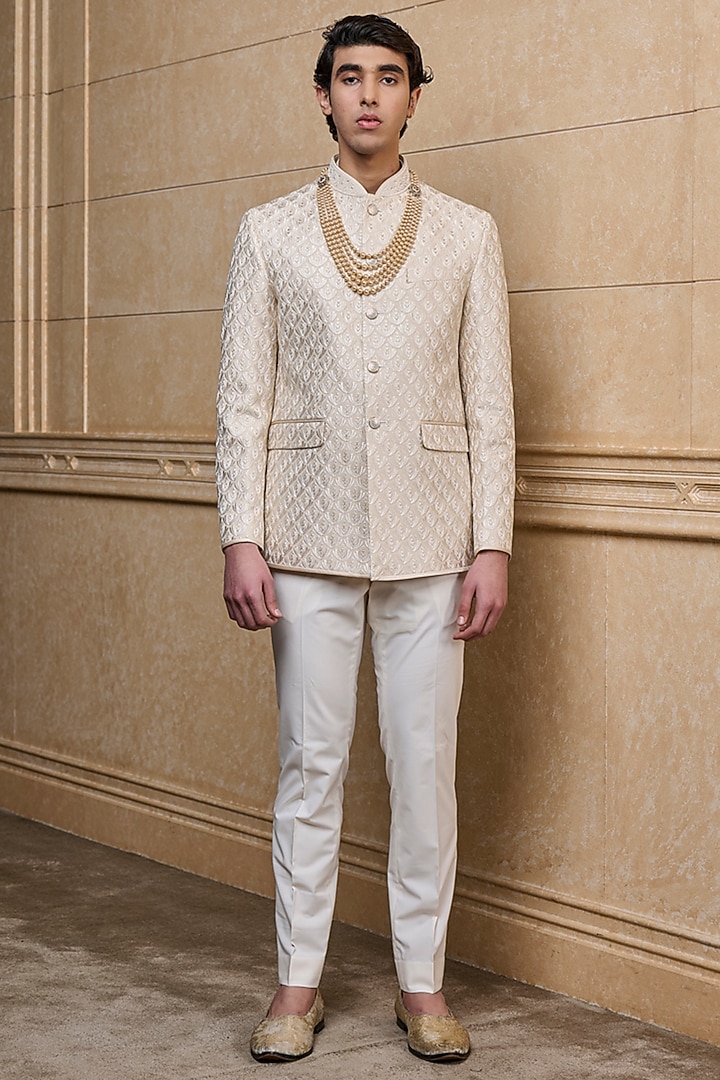 Gold Georgette Embroidered Wedding Bandhgala Set by TASVA at Pernia's Pop Up Shop