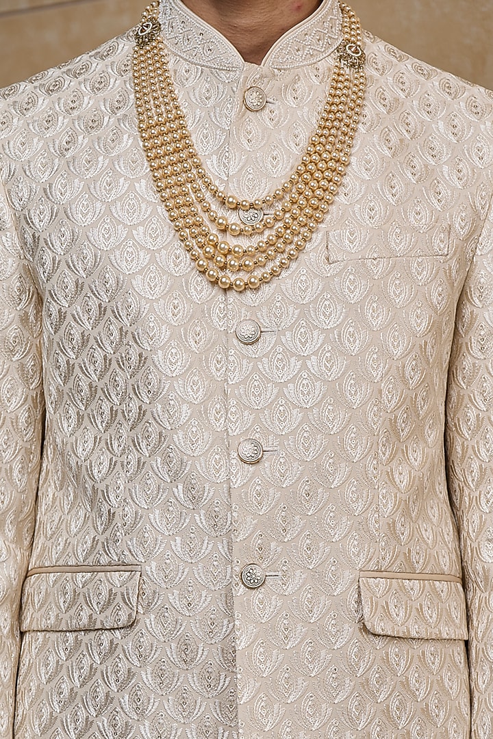 Gold Georgette Embroidered Wedding Bandhgala Set by TASVA at Pernia's Pop Up Shop