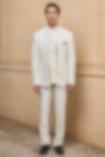 White Jacquard Wedding Bandhgala Set by TASVA at Pernia's Pop Up Shop