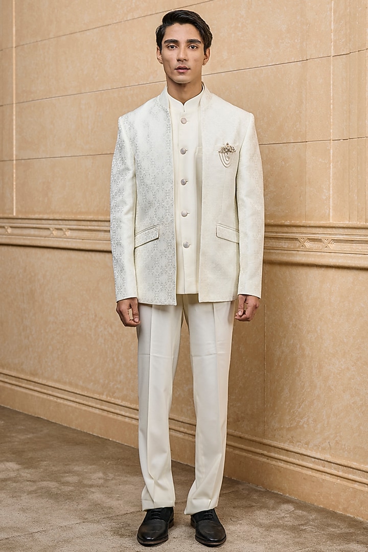 White Jacquard Wedding Bandhgala Set by TASVA at Pernia's Pop Up Shop