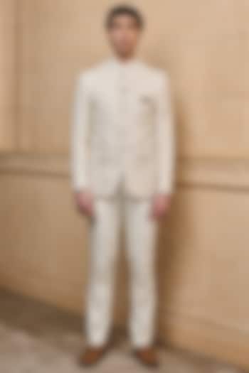 Ivory Jacquard Bandhgala Set by TASVA at Pernia's Pop Up Shop