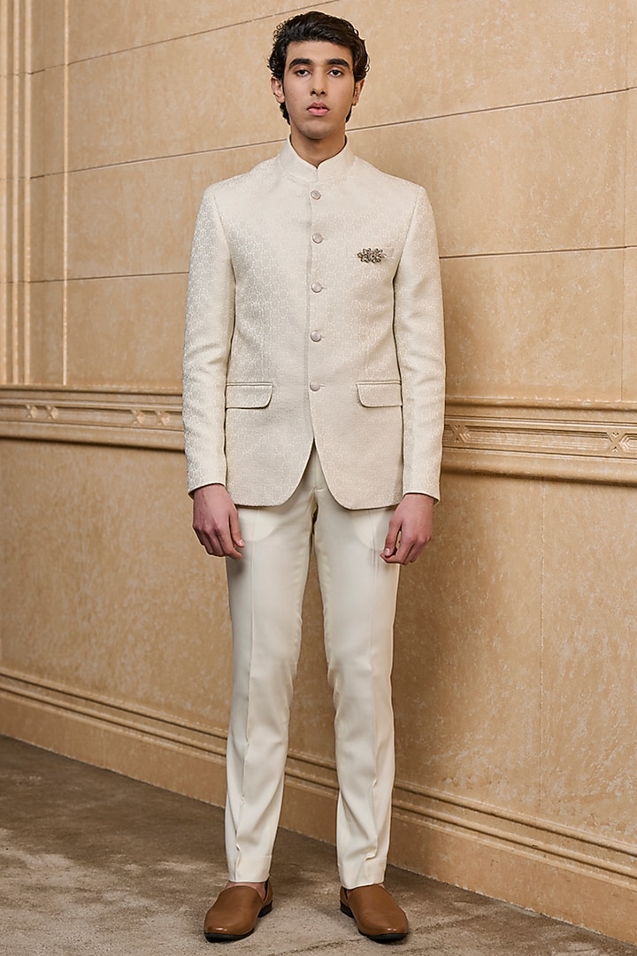 Ivory Jacquard Bandhgala Set by TASVA at Pernia's Pop Up Shop