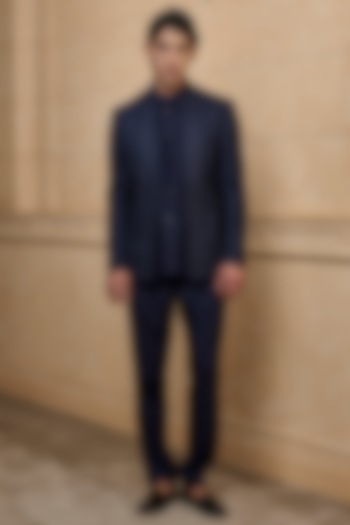 Navy Polyester Embroidered Wedding Bandhgala Set by TASVA at Pernia's Pop Up Shop