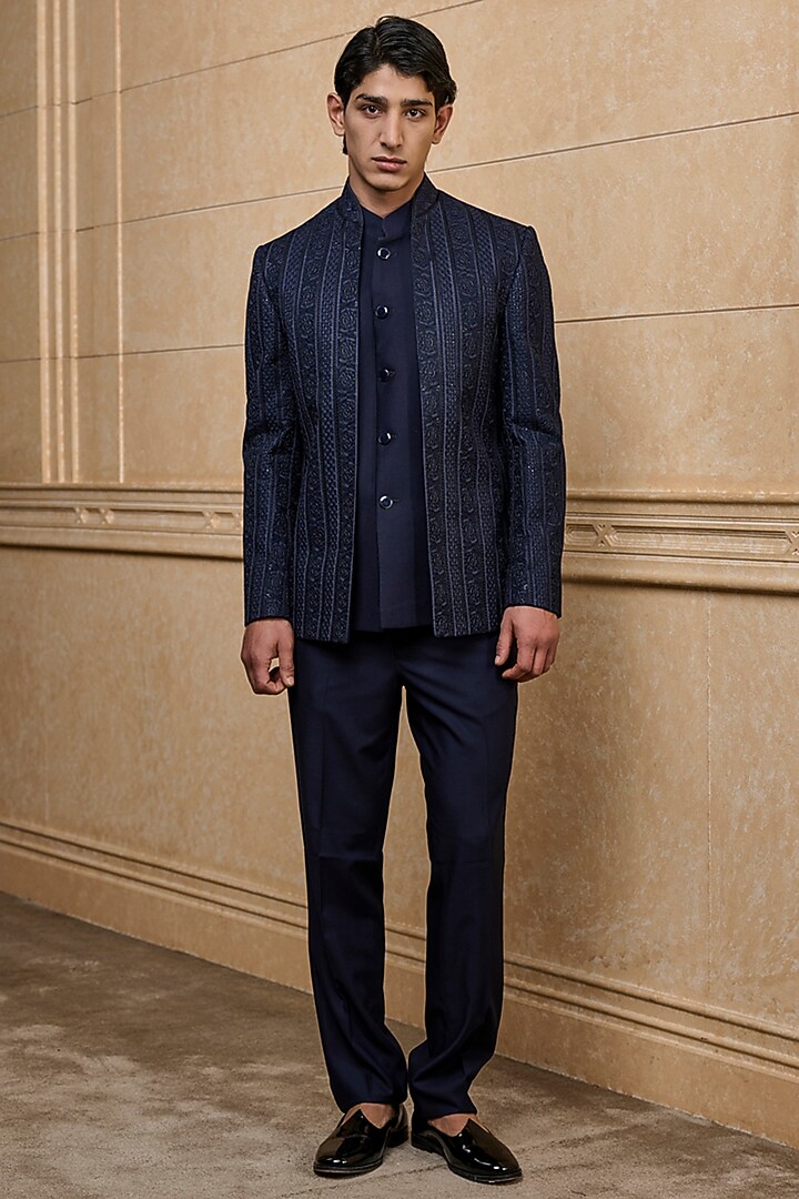 Navy Polyester Embroidered Wedding Bandhgala Set by TASVA at Pernia's Pop Up Shop