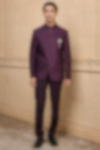 Wine Polyester Embroidered Wedding Bandhgala Set by TASVA at Pernia's Pop Up Shop