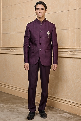 Wine Polyester Embroidered Bandhgala Set by TASVA