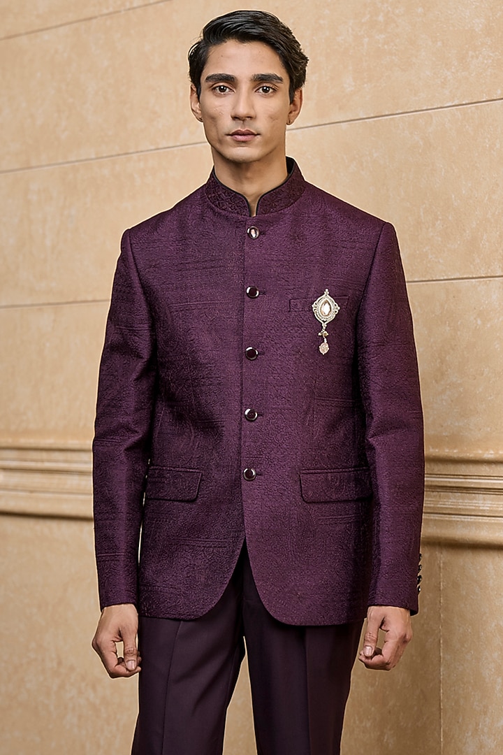 Wine Polyester Embroidered Wedding Bandhgala Set by TASVA at Pernia's Pop Up Shop