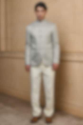 Light Grey Jacquard Bandhgala Set by TASVA at Pernia's Pop Up Shop