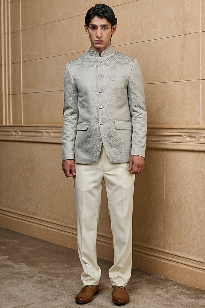 Light Grey Jacquard Bandhgala Set by TASVA at Pernia's Pop Up Shop