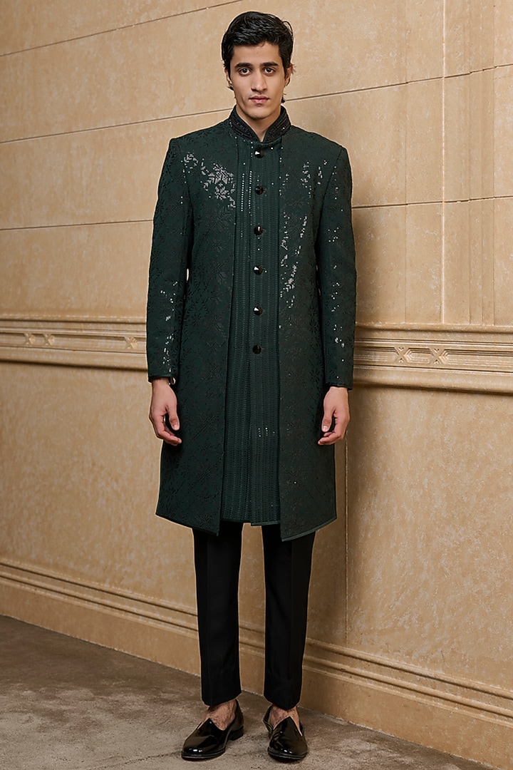 Dark Green Georgette Embroidered Wedding Indowestern Set by TASVA at Pernia's Pop Up Shop