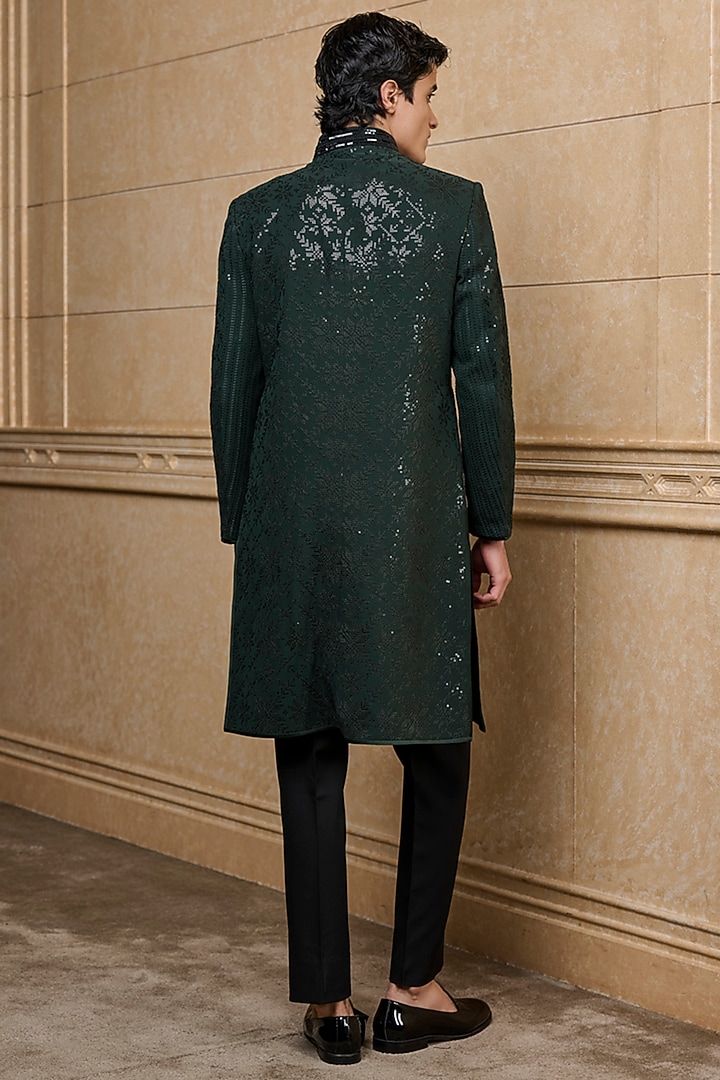 Dark Green Georgette Embroidered Wedding Indowestern Set by TASVA at Pernia's Pop Up Shop
