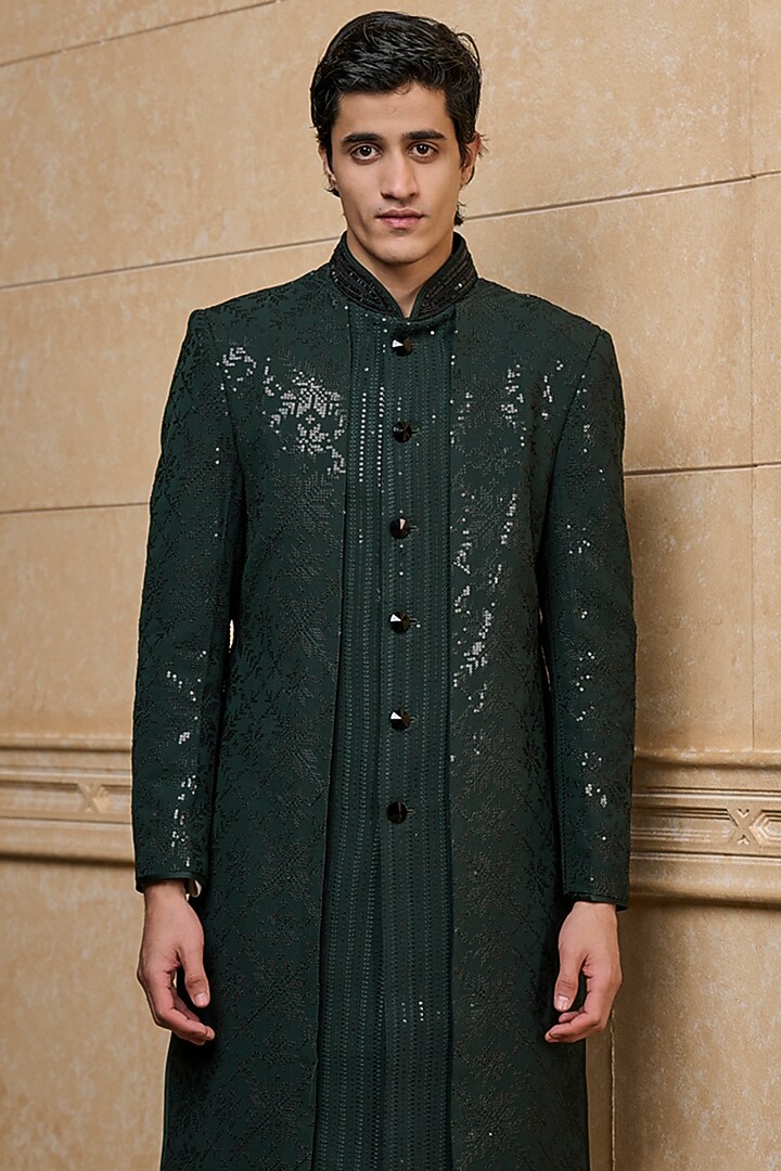 Dark Green Georgette Embroidered Wedding Indowestern Set by TASVA at Pernia's Pop Up Shop