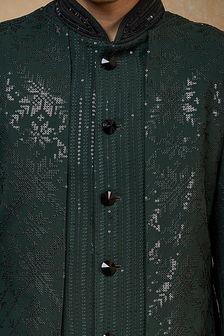 Dark Green Georgette Embroidered Wedding Indowestern Set by TASVA at Pernia's Pop Up Shop