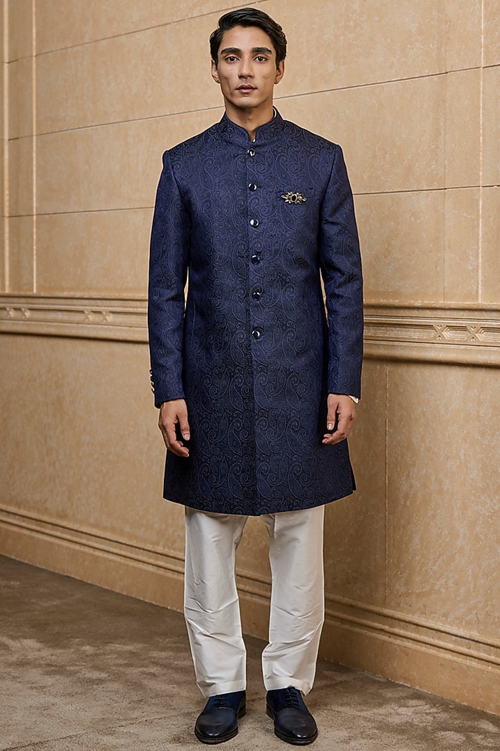 Navy Polyester Indowestern Set by TASVA at Pernia's Pop Up Shop